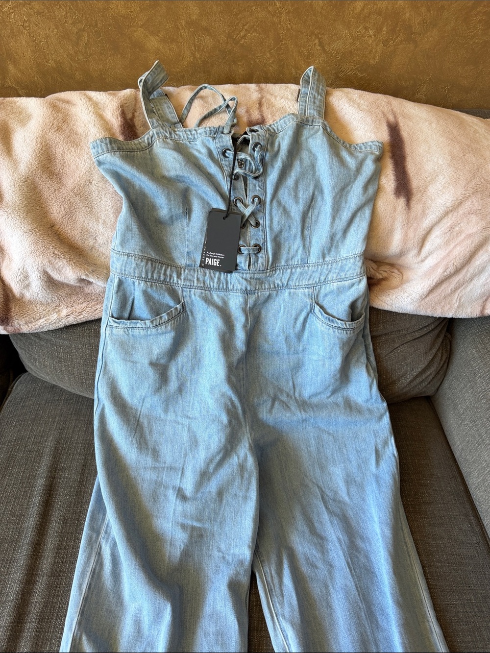 PAIGE Light Blue Denim Wide-Leg Jumpsuit